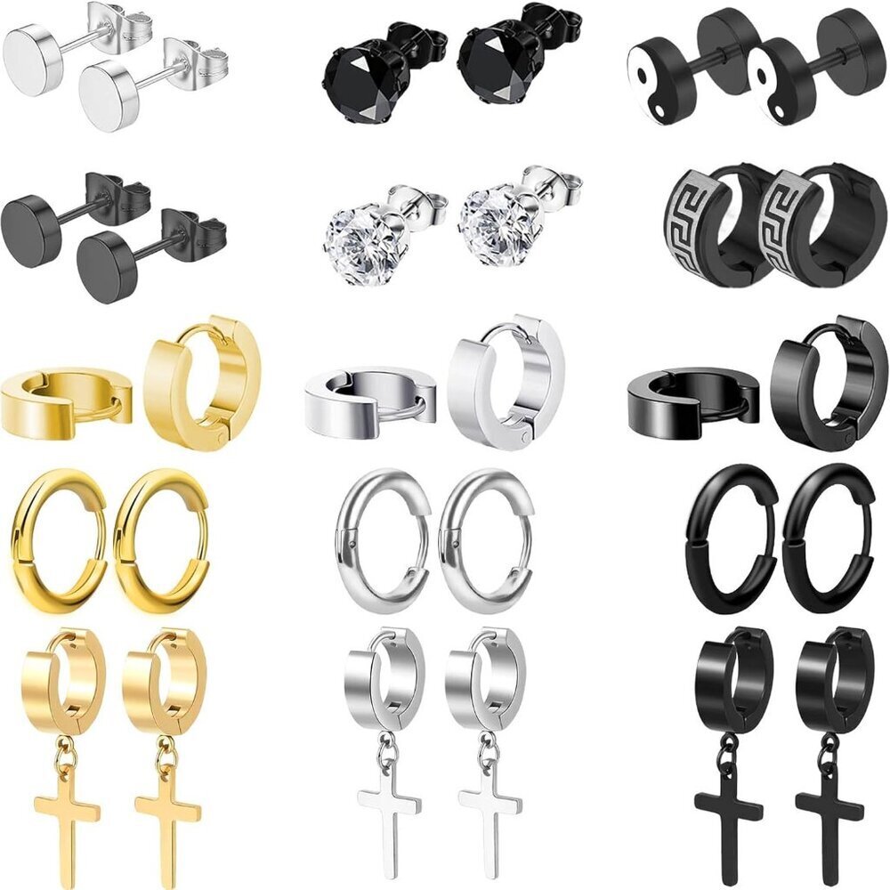 15 Pairs Men's Earrings Set, Black Silver Gold Stainless Steel Cross Hoop Stud J